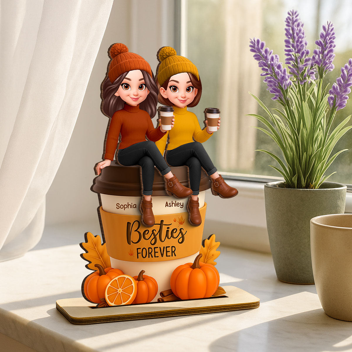 Fall Season Besties Sitting On Pumpkin Spice Latte - Personalized 2-Layered Wooden Plaque