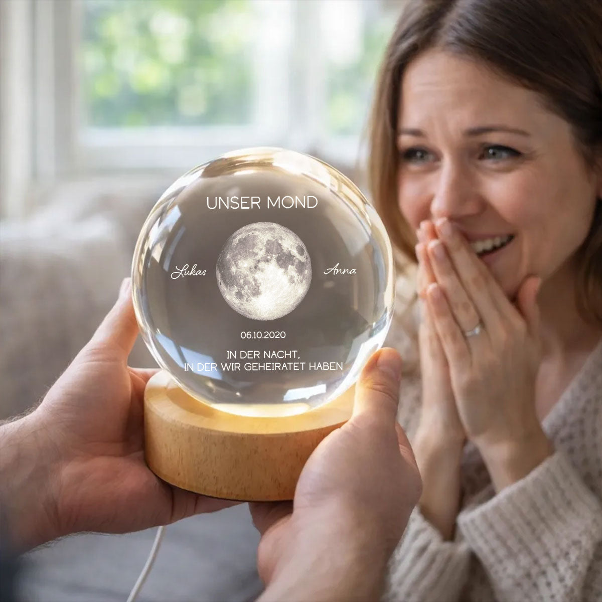Unser Mond zum Wunschdatum – Personalisierte Mondphase – Kristallkugel Nachtlicht – Jahrestagsgeschenk fr Sie & Ihn