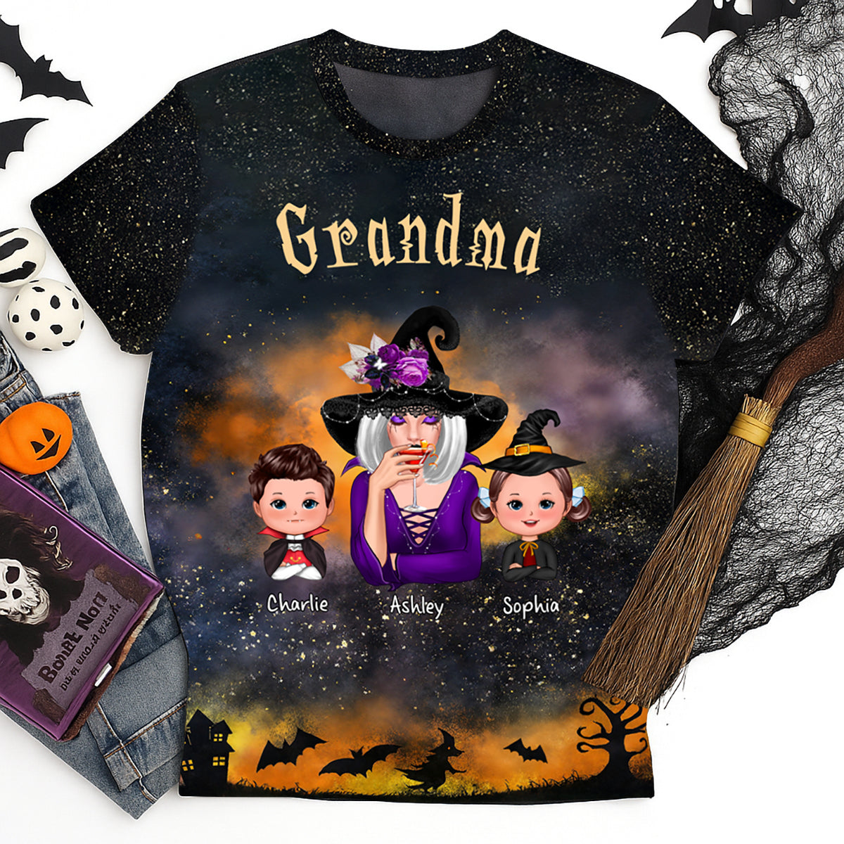 Grandma & Kids Witchy Ombre Tie-Dye Pattern Personalized Shirt Perfect Halloween Costume For Grandma