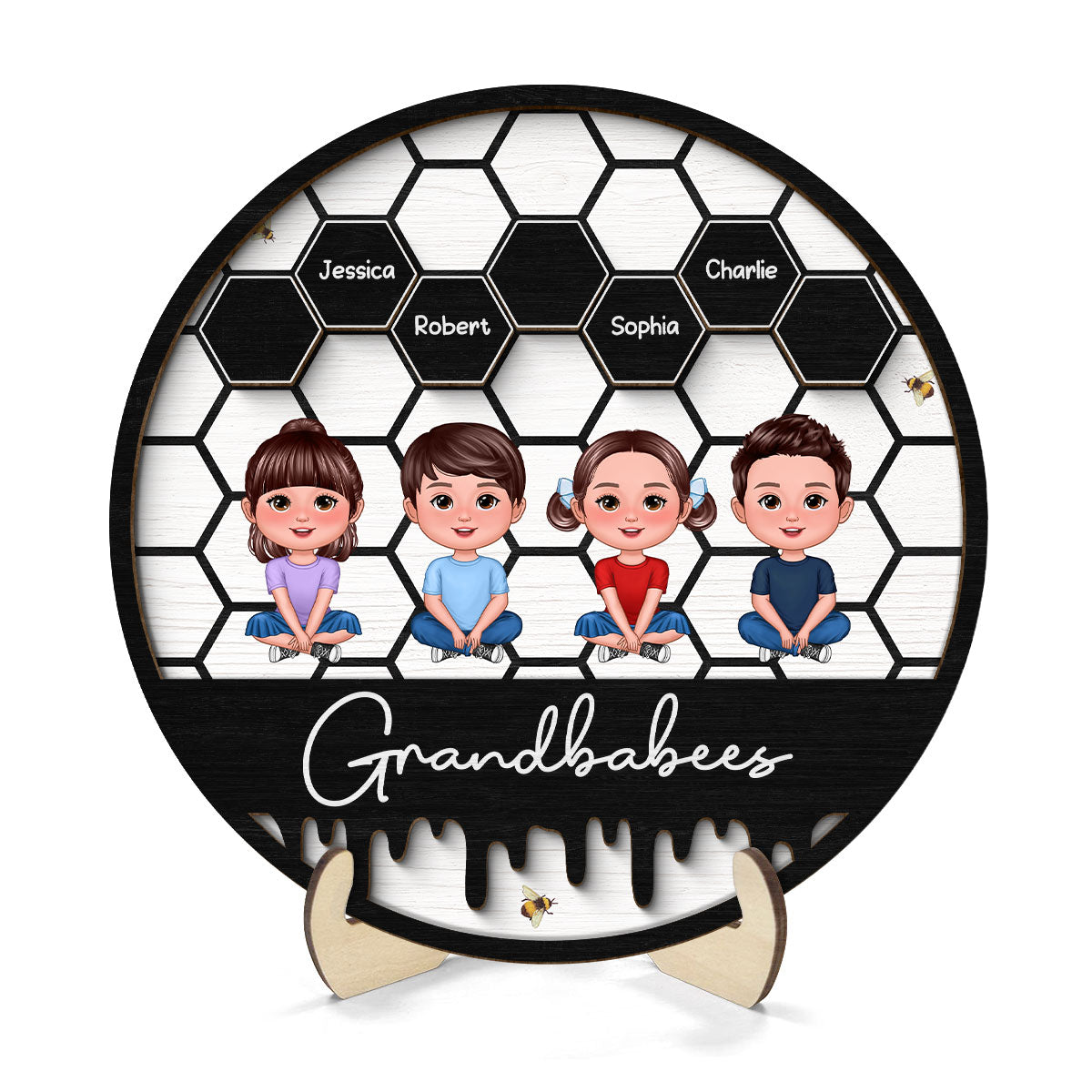 Grandbabees Crossed Legs Sitting Personalized 2-layer Wooden Plaque, Gift For Grandma