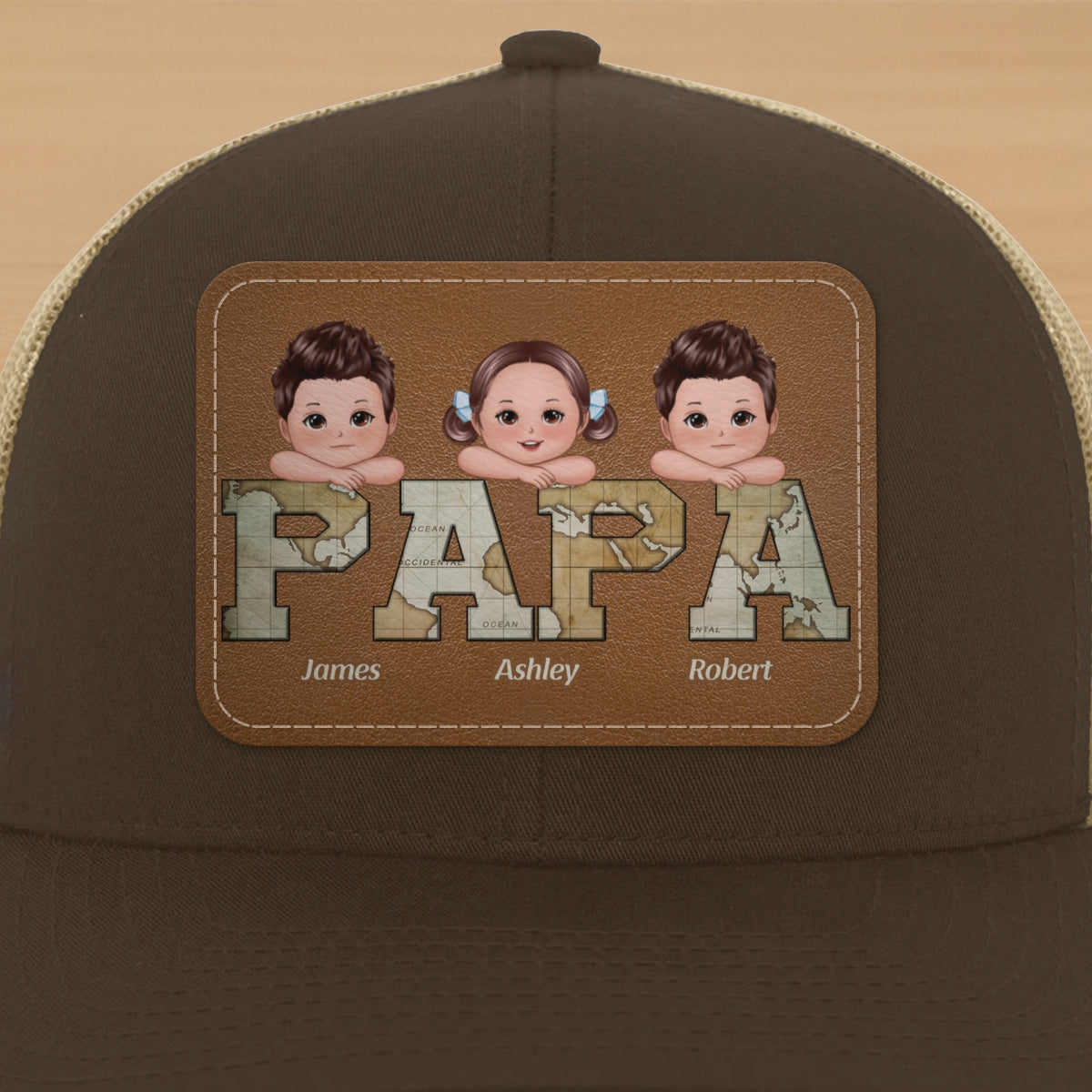 Grandpa Dad We Love You World Map Pattern Doll Kids On Hand Personalized Leather Patch Hat