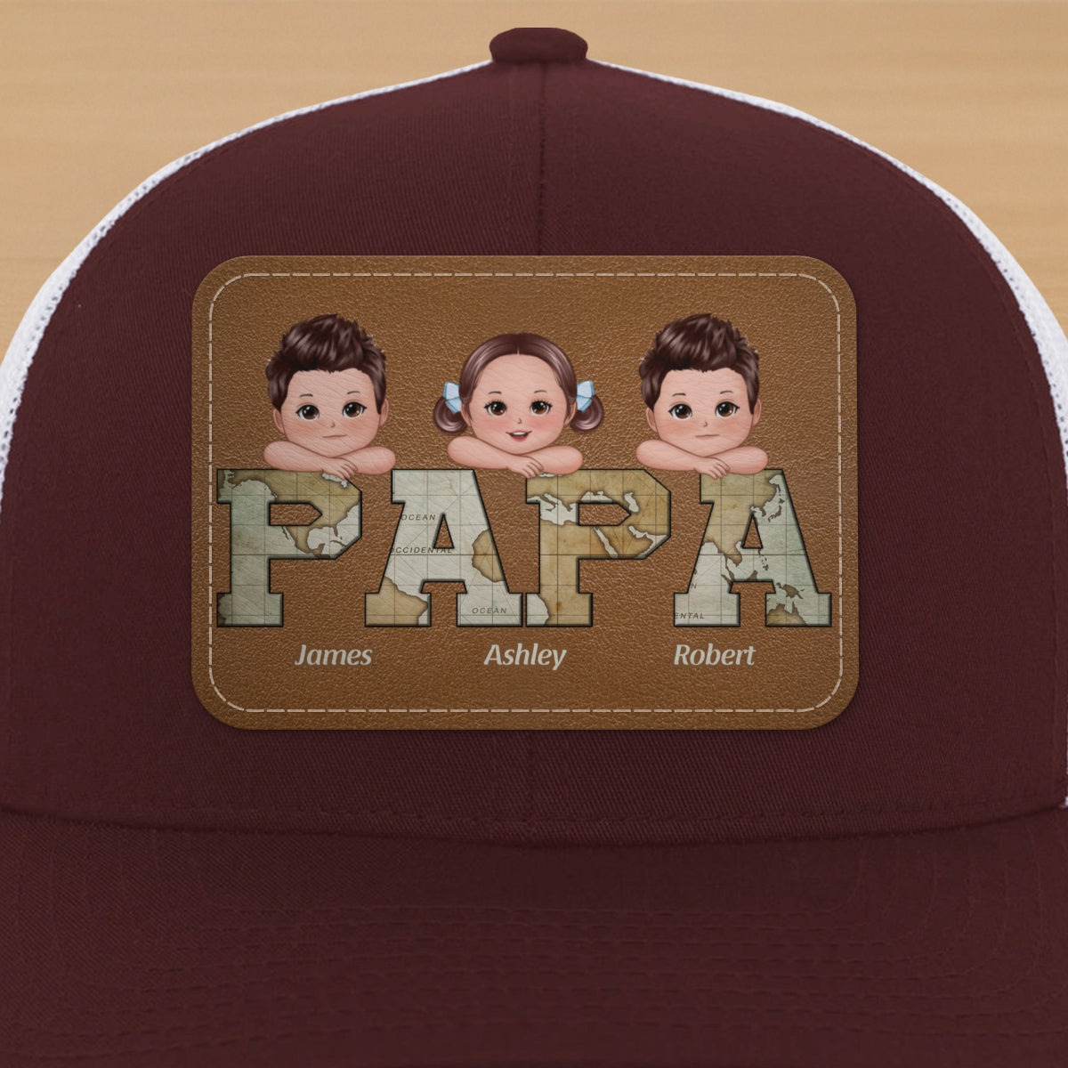 Grandpa Dad We Love You World Map Pattern Doll Kids On Hand Personalized Leather Patch Hat