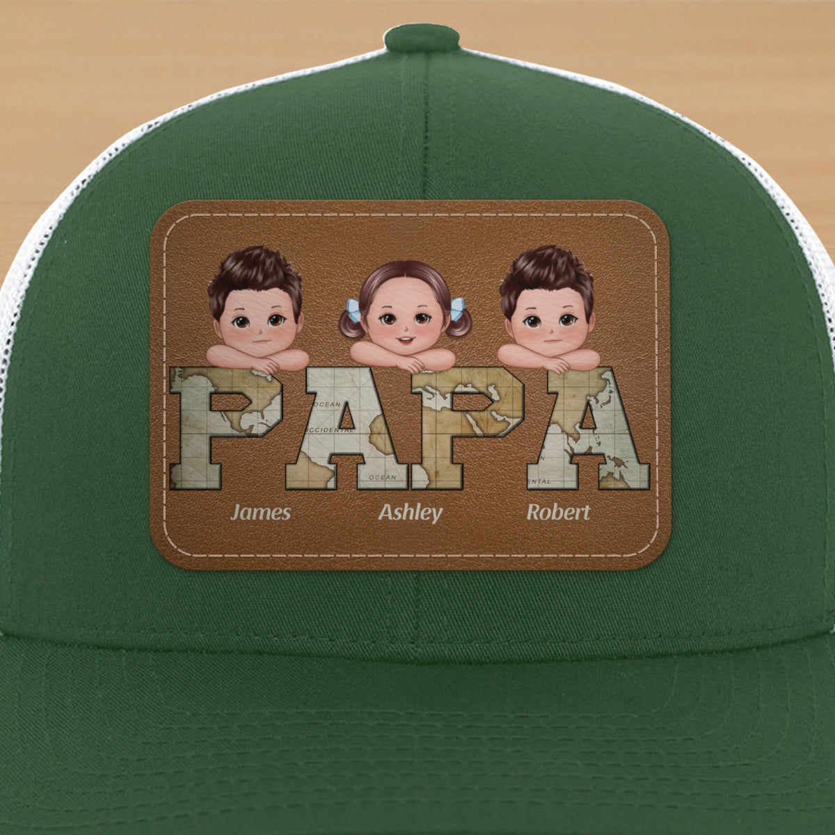 Grandpa Dad We Love You World Map Pattern Doll Kids On Hand Personalized Leather Patch Hat