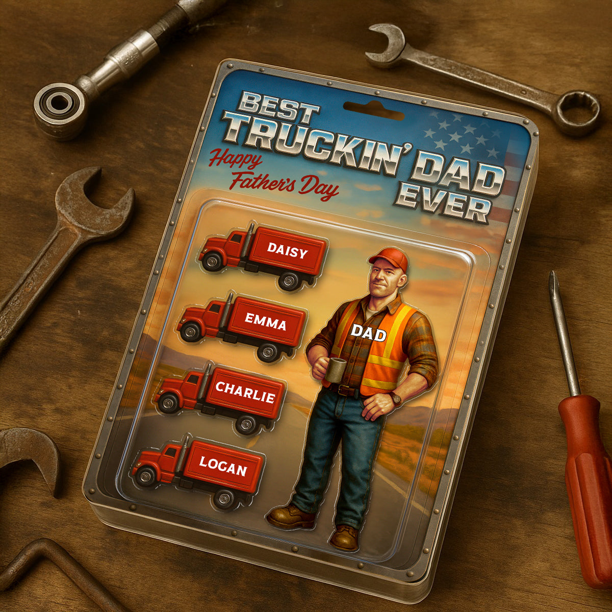 Best Truckin' Dad Ever Nation Flag Custom Action Figure Personalized Acrylic Block Plaque,  Gift for Trucker Dad