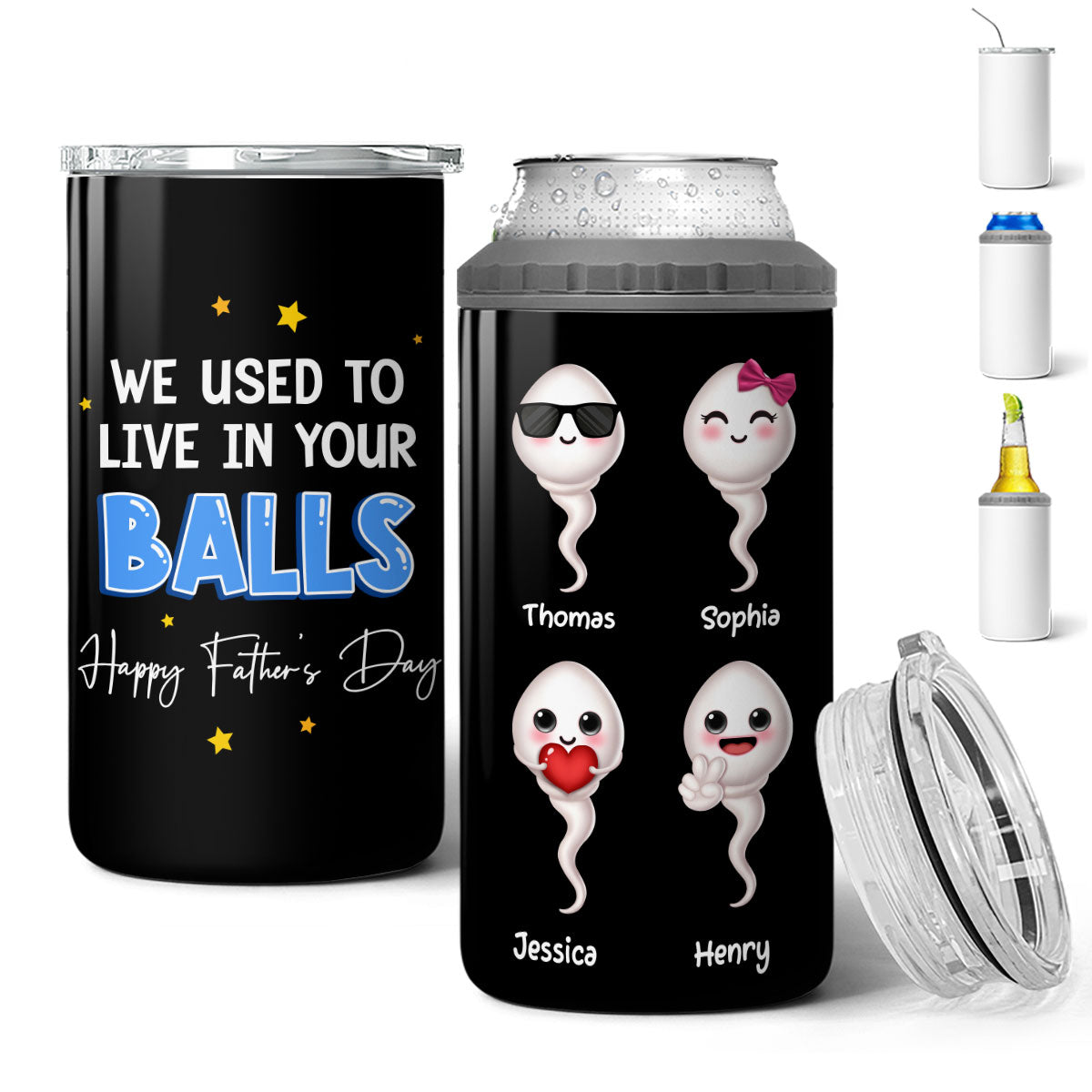 We Used To Live In Your Balls Cute Little Kids Personalized 4 In 1 Can Cooler, Funny Father's Day Gift For Dad