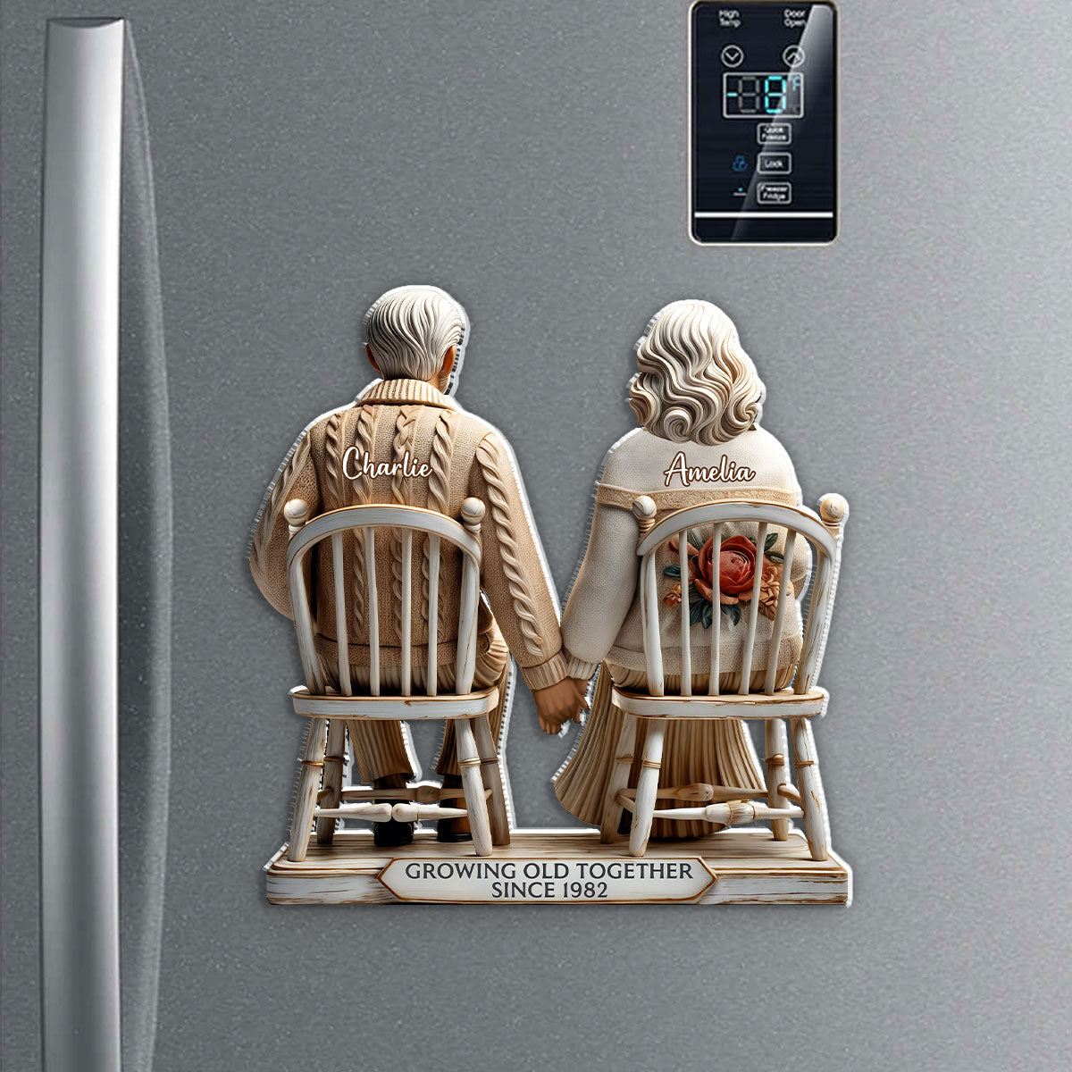 3D Effect Old Couple Sitting Together Personalized Acrylic Fridge Magnet, Heartfelt Gift For Couple, For Him, For Her, Husband, Wife