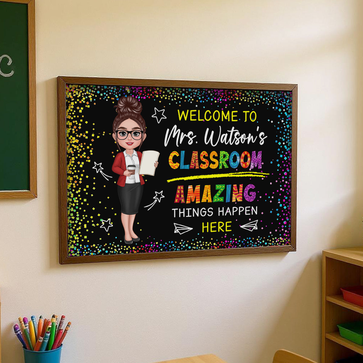 Classroom Amazing Things Happen Here Personalized Motivational Poster, Teacher Classroom Decor