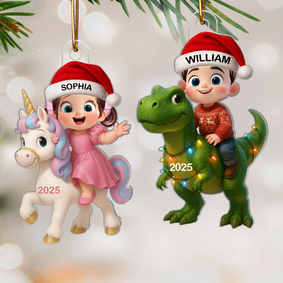 3D Effect Cute Cartoon Kid With Dinosaur Christmas - Personalized Acrylic Ornament - Unique Gift For Grandkids