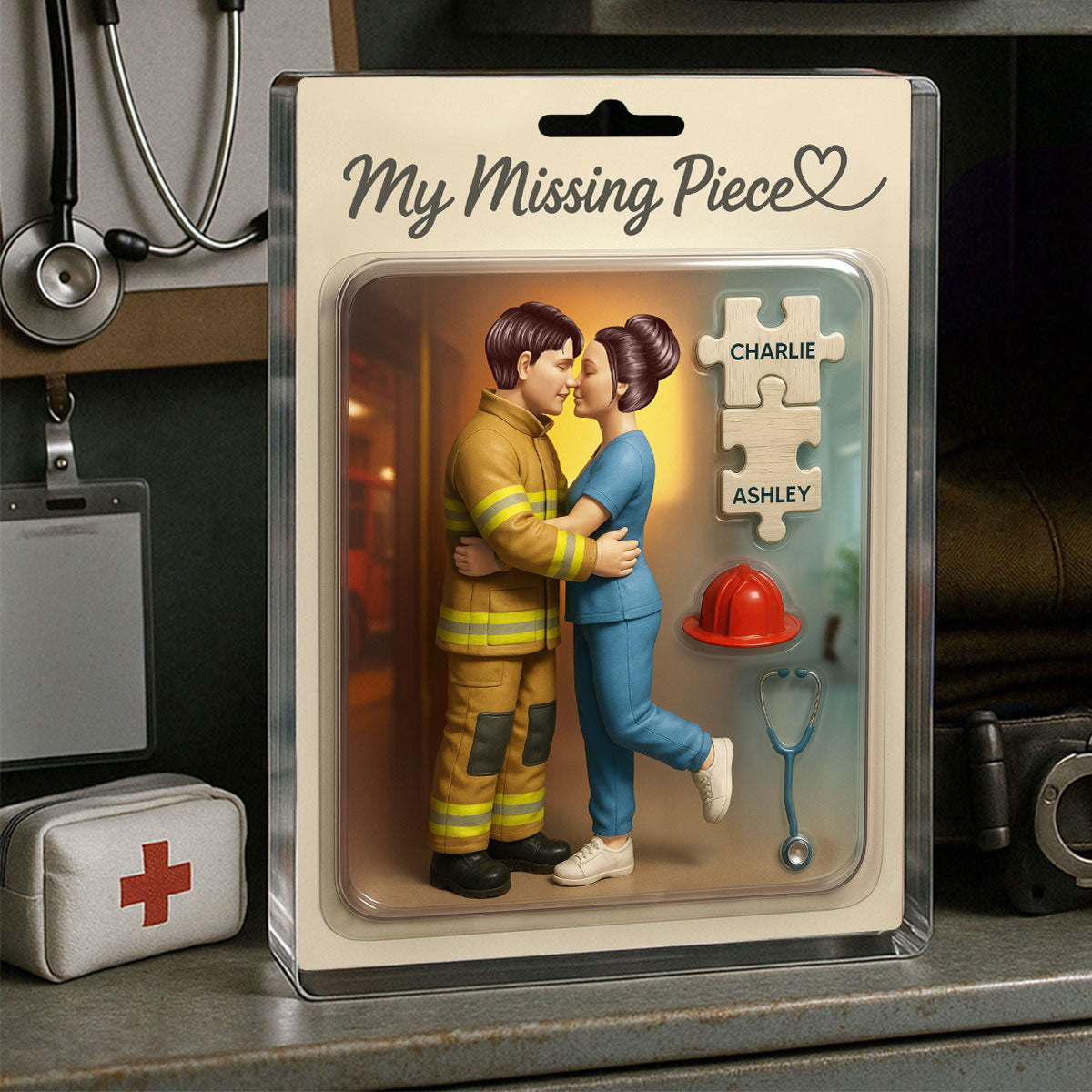 My Missing Piece Firefighter Nurse Couple Personalized Acrylic Block Plaque, Gift for Him, Gift for Her
