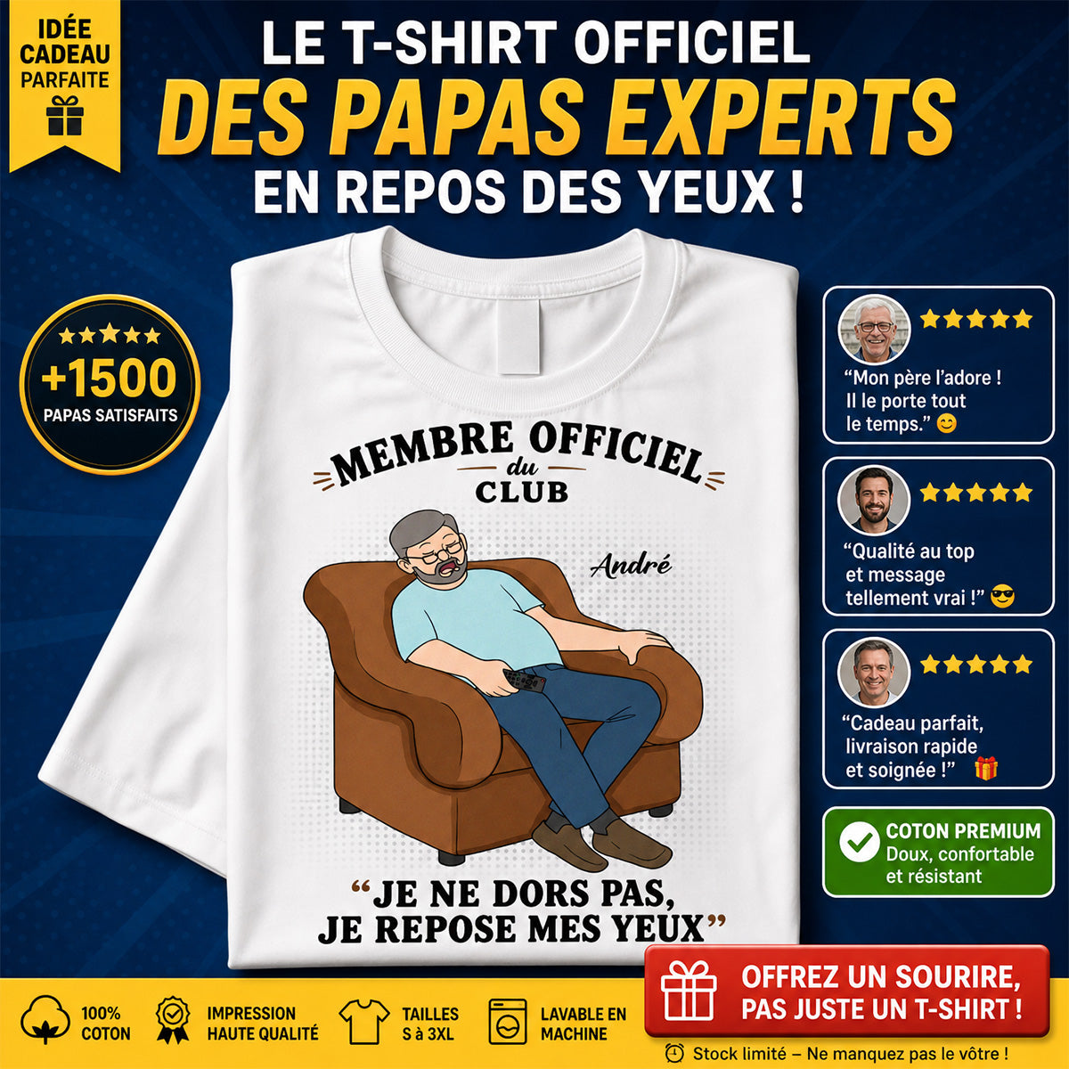 Membre du Club ""Je ne dors pas, je repose mes yeux"" – T-shirt Personnalis – Cadeau Rigolo fte des pres pour Papa & Papy