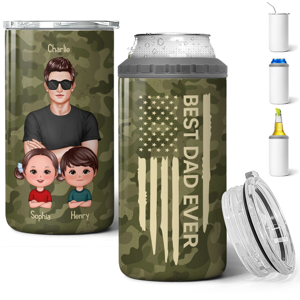 Best Dad Papa Grandpa Ever Man & Kids Nation Flag Father‘s Day Gift For Husband Father Figures Personalized 4 In 1 Can Cooler