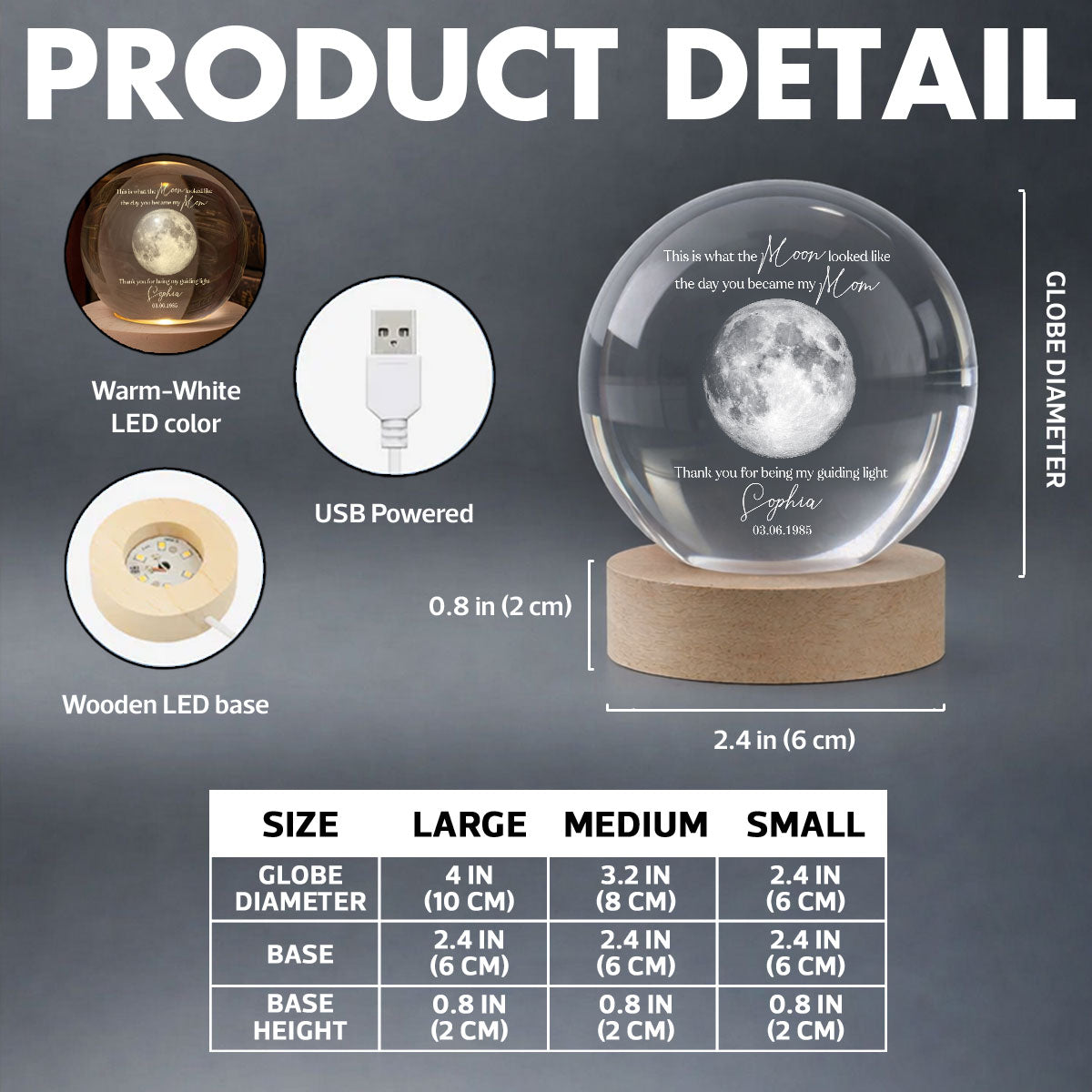Thank You for Being My Guiding Light Mom - Personalized Crystal Ball LED Night Light - Sentimental Mother's Day Gift for Mom