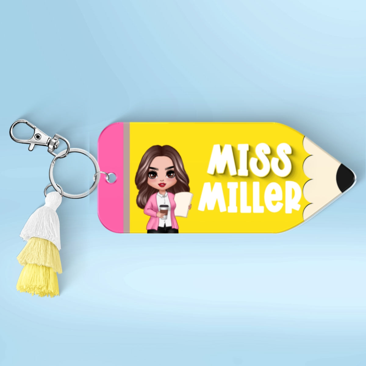 Doll Teacher Pencil Shaped Personalized 2-Layer Acrylic Keychain