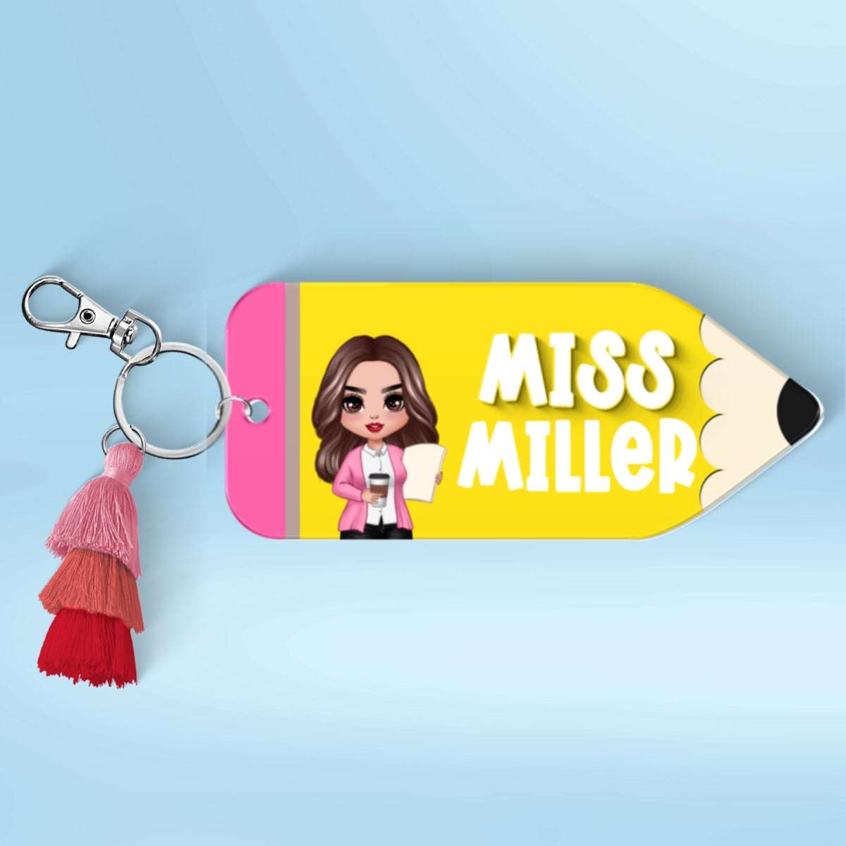 Doll Teacher Pencil Shaped Personalized 2-Layer Acrylic Keychain