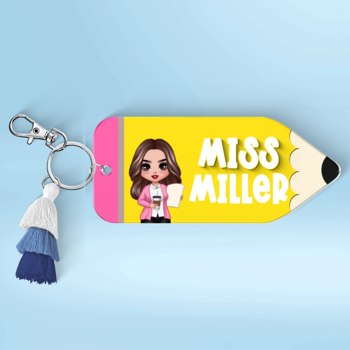 Doll Teacher Pencil Shaped Personalized 2-Layer Acrylic Keychain