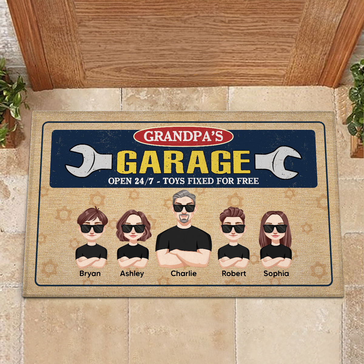 Grandpa Garage Man And Kids Personalized Doormat