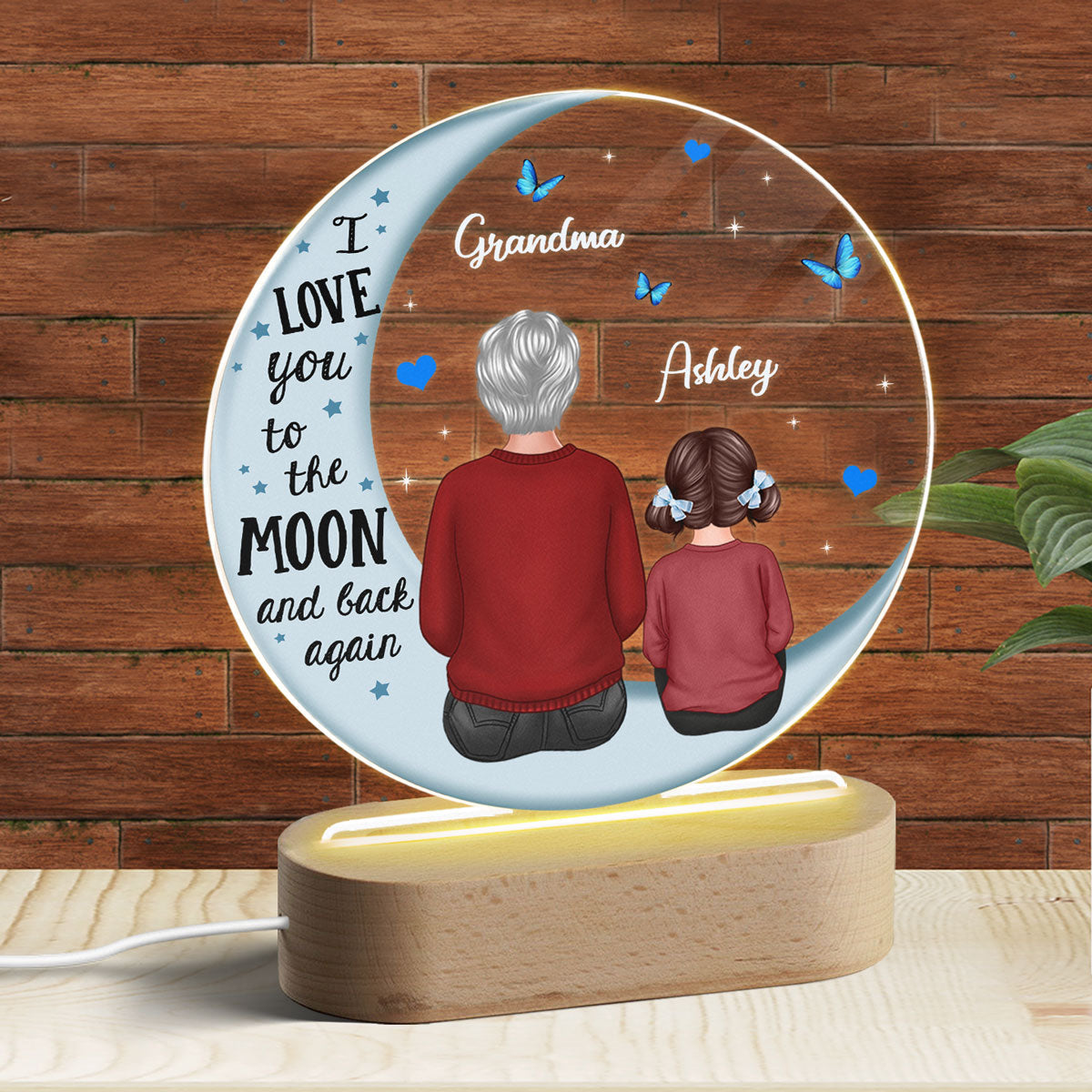 Grandma Grandpa Grandkids Blue Moon Personalized Circle Plaque LED Night Light - Acrylic LED Lamp