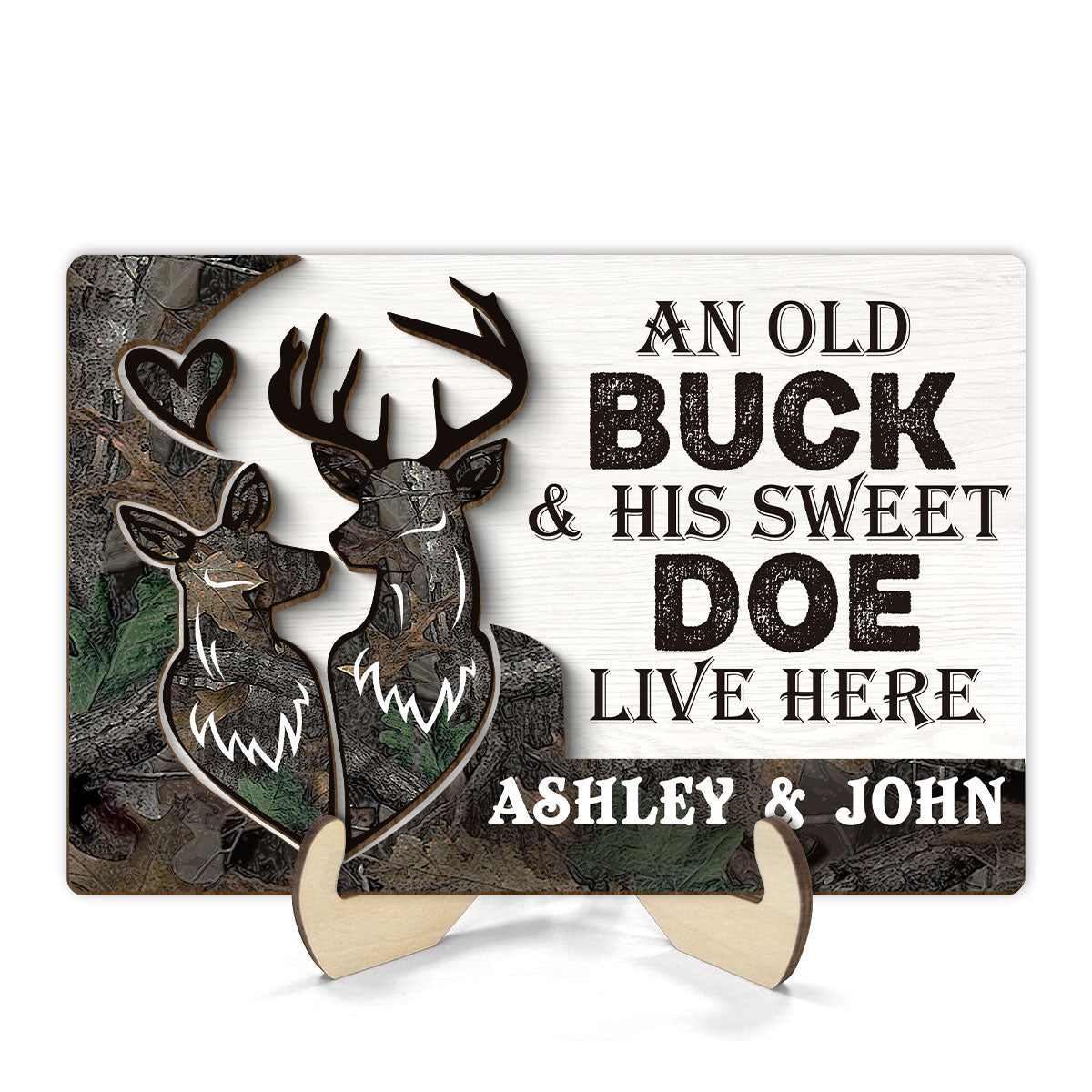 An Old Buck And His Sweet Doe Lives Here Personalized 2-Layer Wooden Plaque