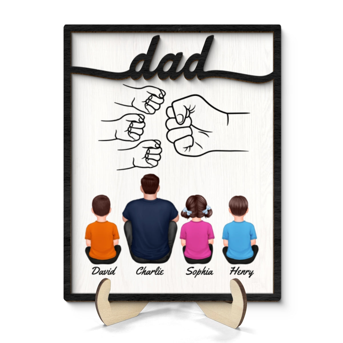 Dad And Kids Fist Bump Personalized 2-Layer Wooden Plaque