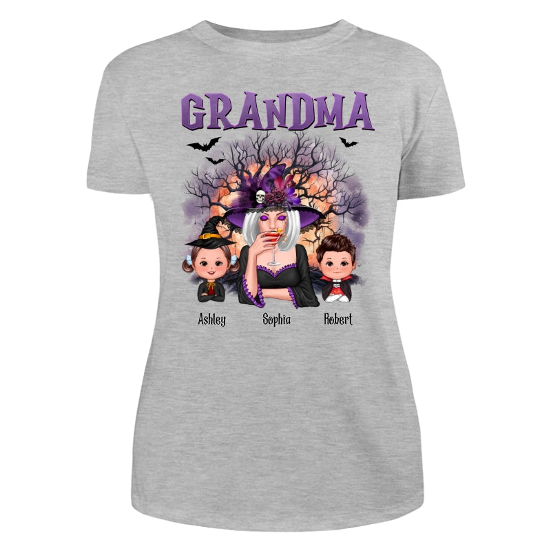 Purple And Orange Halloween Tree Grandma Mom Kids Personalized Shirt