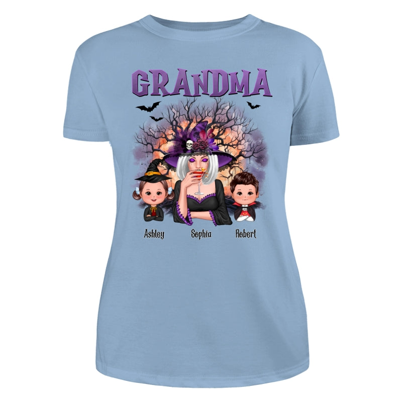 Purple And Orange Halloween Tree Grandma Mom Kids Personalized Shirt