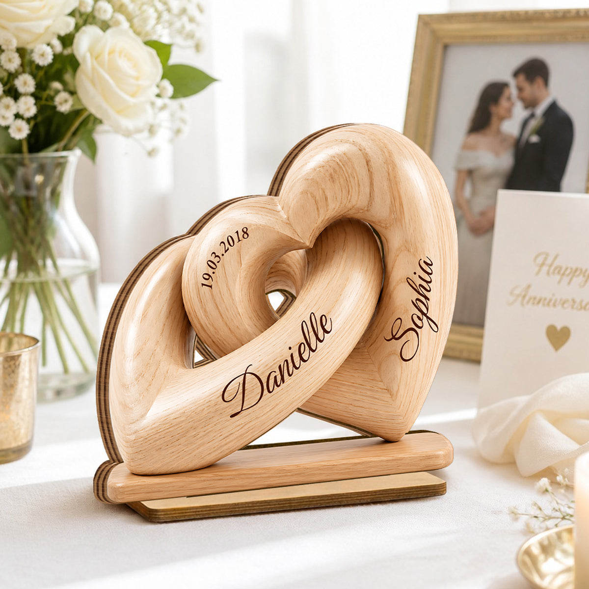 Interlocked Hearts Couple 2D Flat Plaque - Personalized 2-Layered Wooden Plaque - Gift for Him, for Her