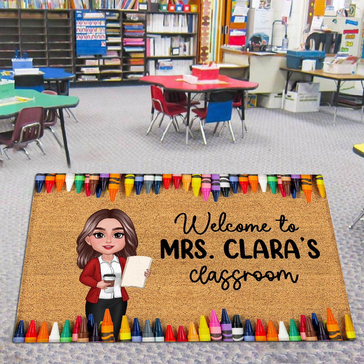 Teacher Classroom Crayon Border - Personalized Doormat - Back To School Gift, Classroom Decoration