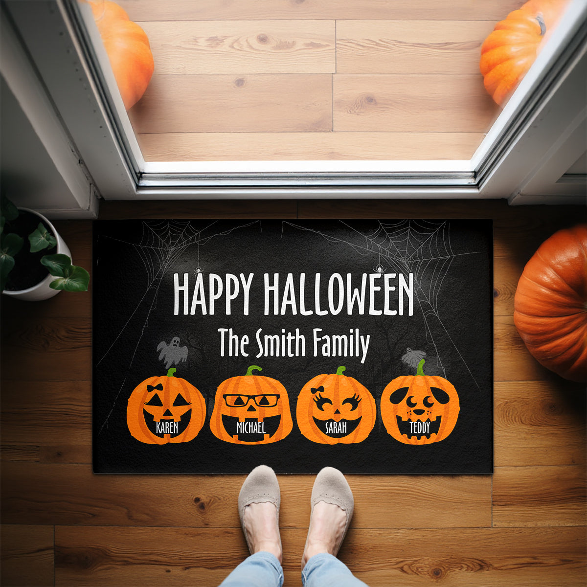 Happy Halloween Family Pumpkin Face Personalized Doormat