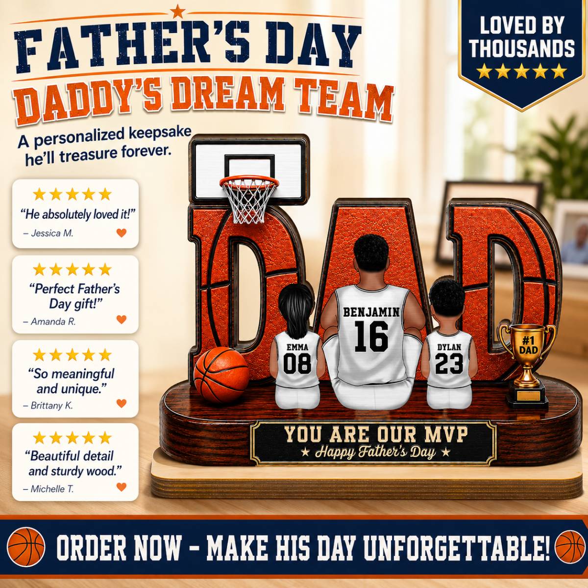 Basketball Dad Legend Daddy's Dream Team - Personalized 2-Layered Wooden Plaque - Unique Gift, Birthday Gift For Dad, Husband, Basketball Fans