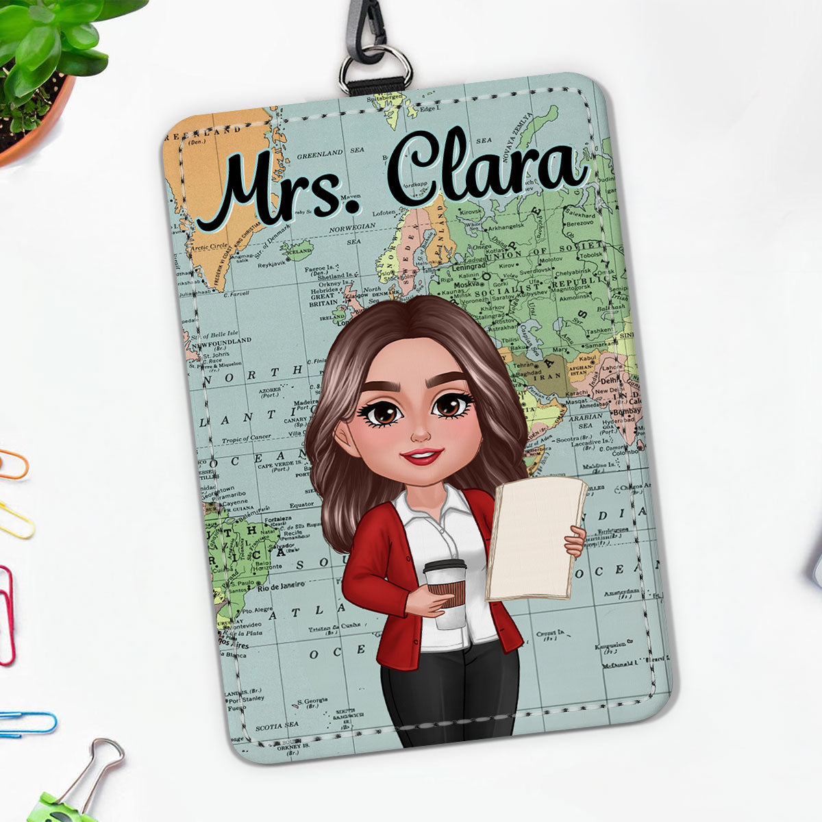 World Map Adventure Themed Teacher Personalized ID Badge Holder, Back To School Gift