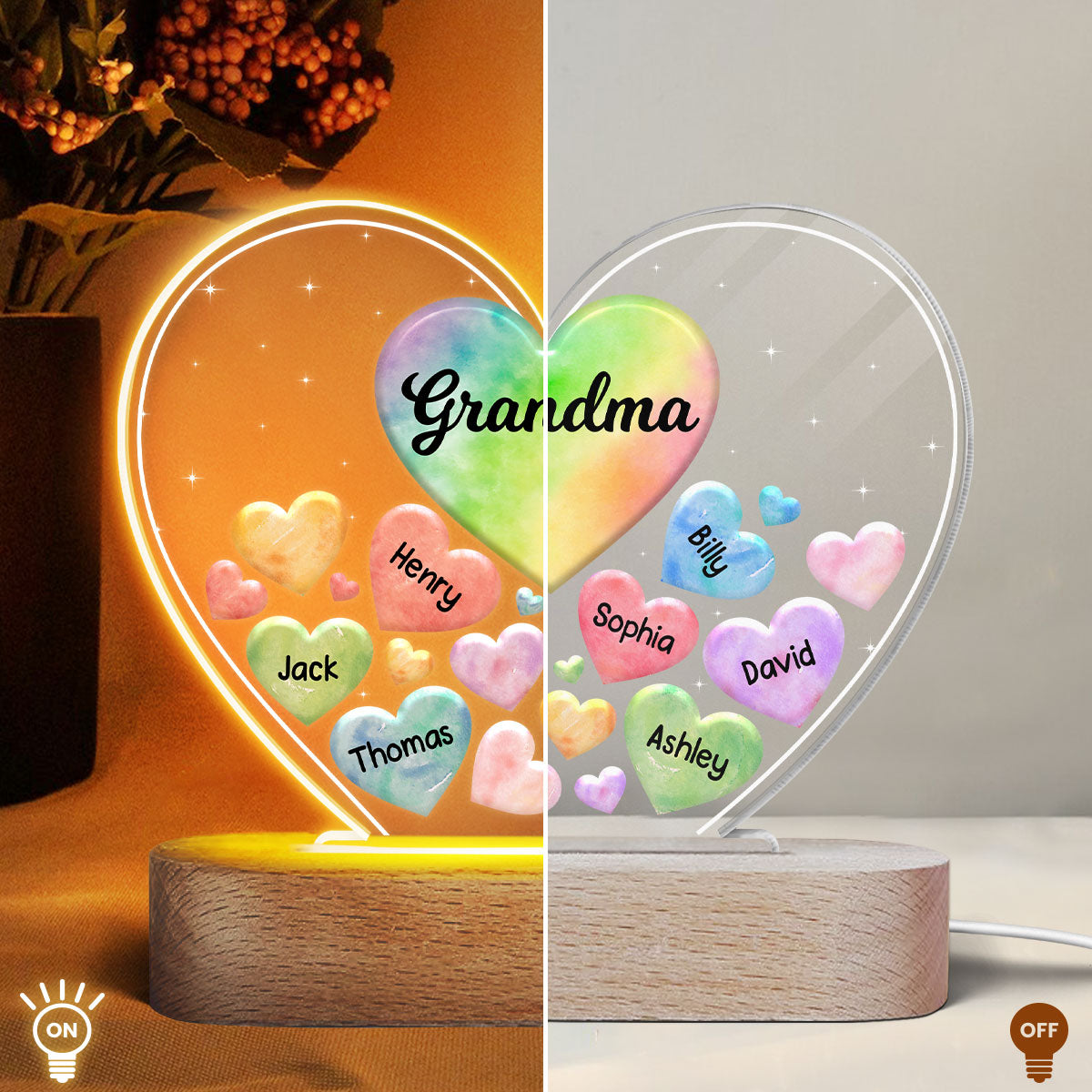 Grandma Mom Hearts In Heart Personalized Acrylic Heart LED Night Light, Gift For Birthday, Anniversary