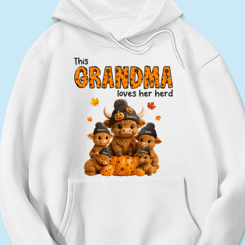 This Mama Loves Her Herd Cute Highland Cow Pumpkin Personalized Sweatshirt, Fall Sweatshirt for Mom Grandma