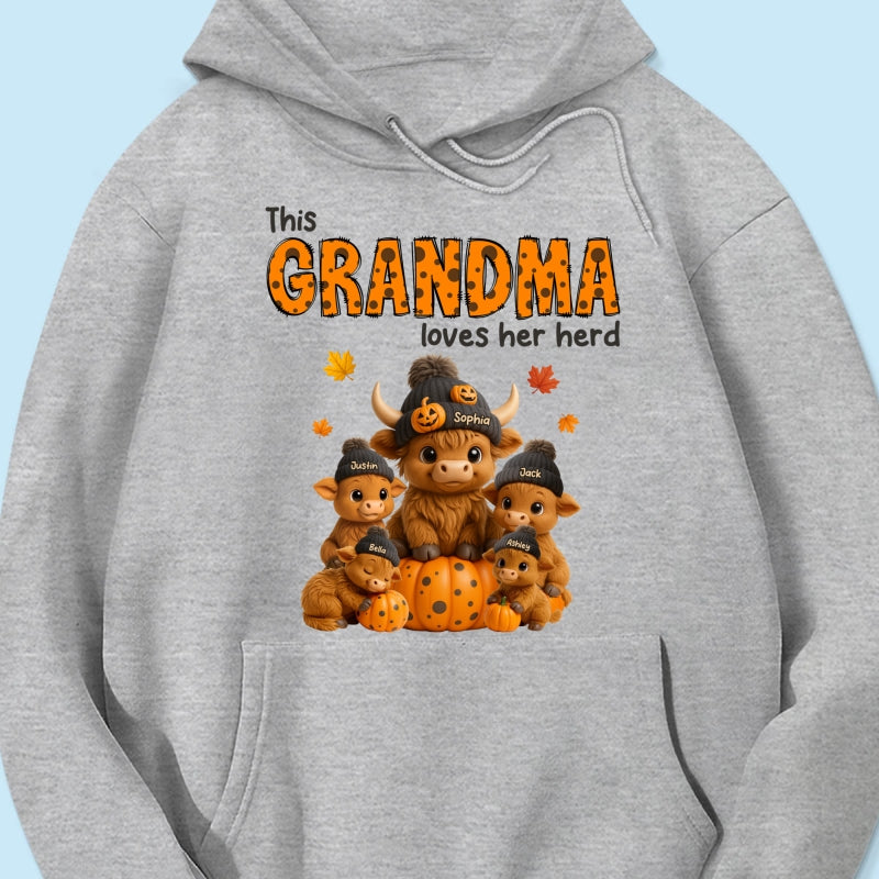 This Mama Loves Her Herd Cute Highland Cow Pumpkin Personalized Sweatshirt, Fall Sweatshirt for Mom Grandma