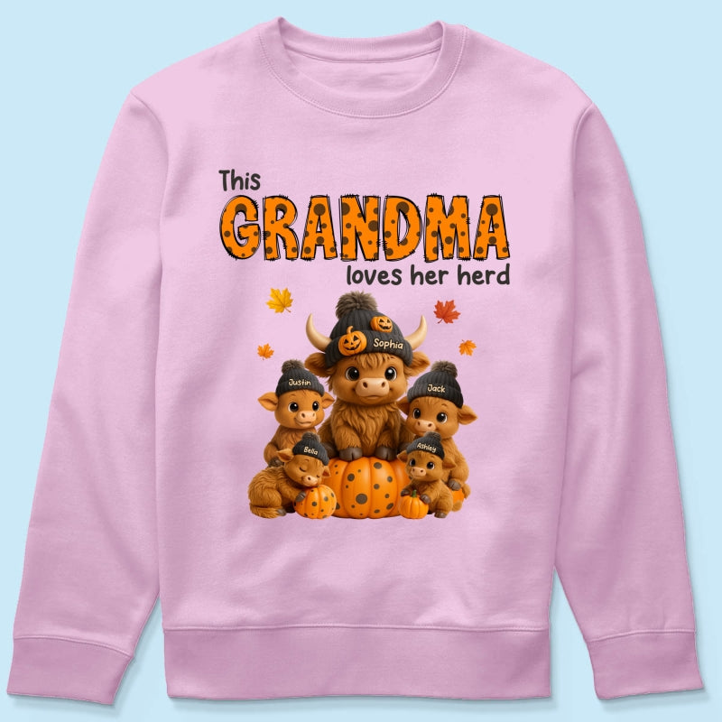 This Mama Loves Her Herd Cute Highland Cow Pumpkin Personalized Sweatshirt, Fall Sweatshirt for Mom Grandma