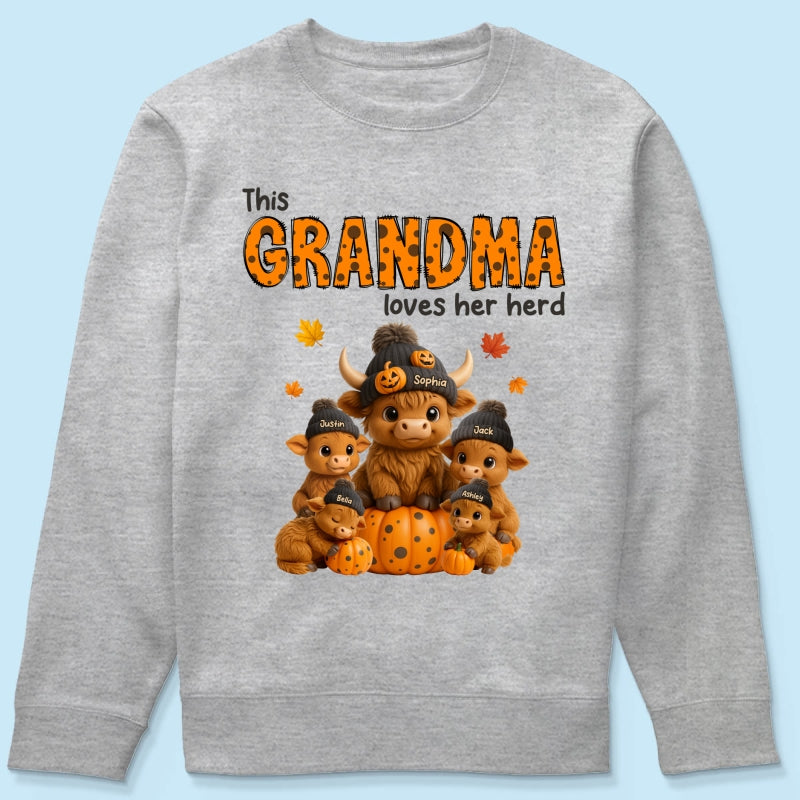 This Mama Loves Her Herd Cute Highland Cow Pumpkin Personalized Sweatshirt, Fall Sweatshirt for Mom Grandma