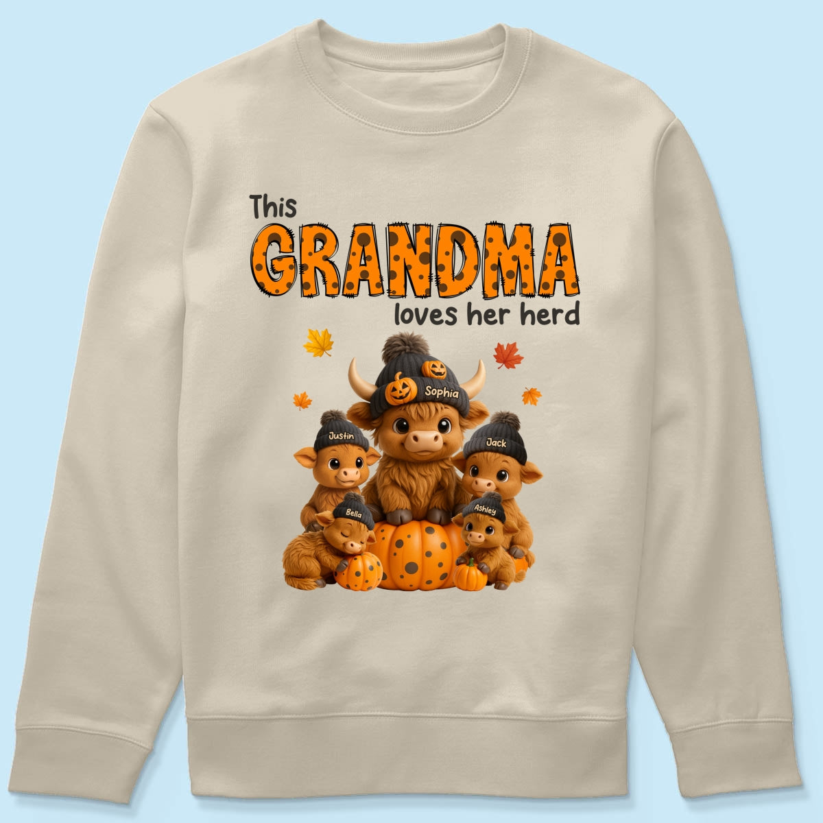 This Mama Loves Her Herd Cute Highland Cow Pumpkin Personalized Sweatshirt, Fall Sweatshirt for Mom Grandma