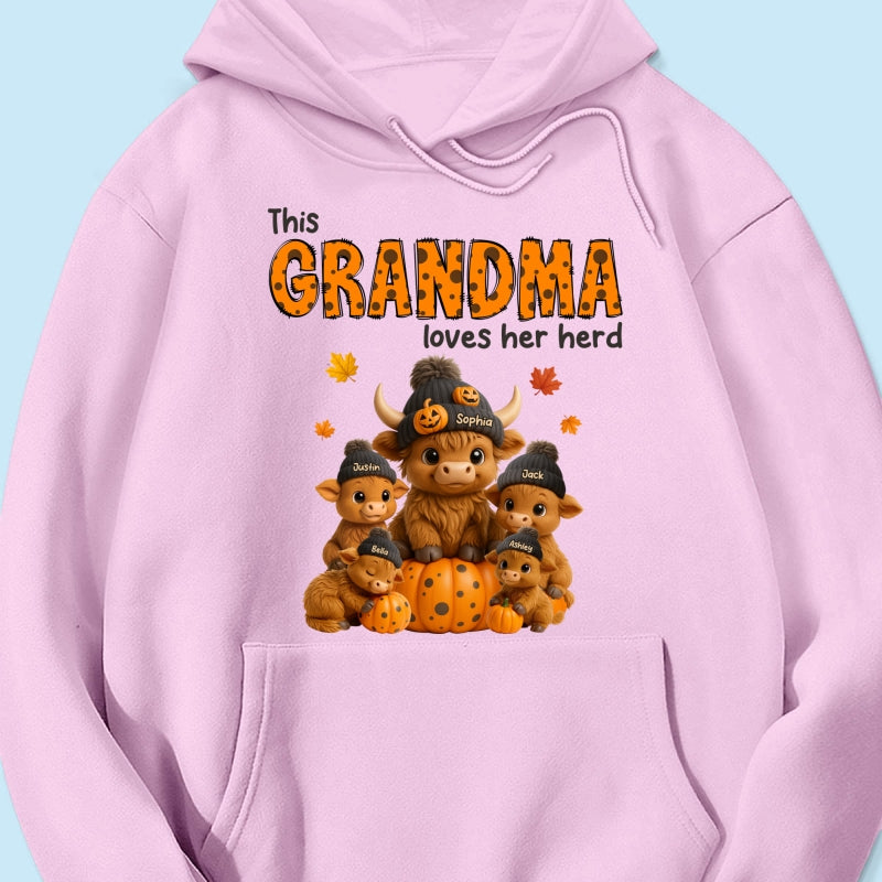 This Mama Loves Her Herd Cute Highland Cow Pumpkin Personalized Sweatshirt, Fall Sweatshirt for Mom Grandma