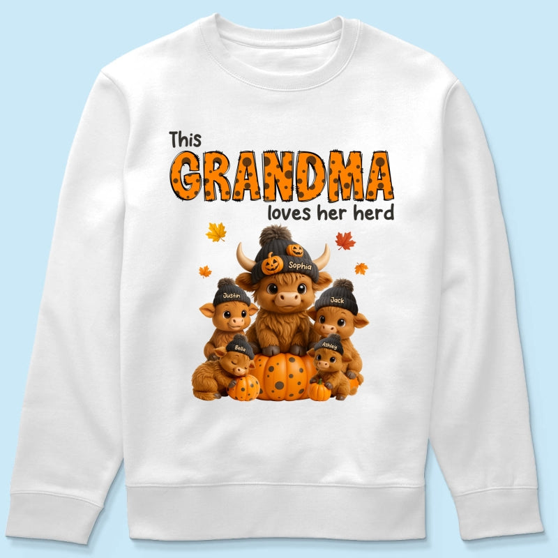 This Mama Loves Her Herd Cute Highland Cow Pumpkin Personalized Sweatshirt, Fall Sweatshirt for Mom Grandma