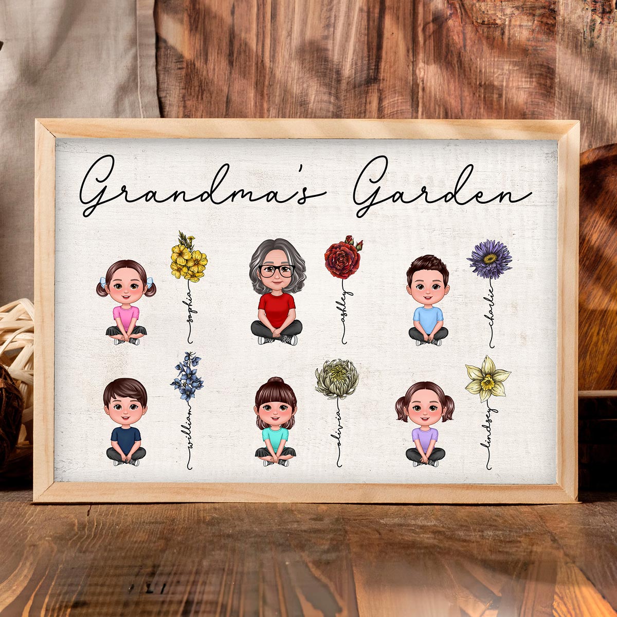 Grandma Grandkids Crossed Legs Sitting Vintage Birth Flower Personalized Poster