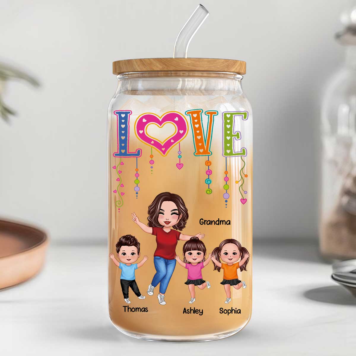 LOVE Happy Doll Grandma With Kids Personalized Clear Glass Can