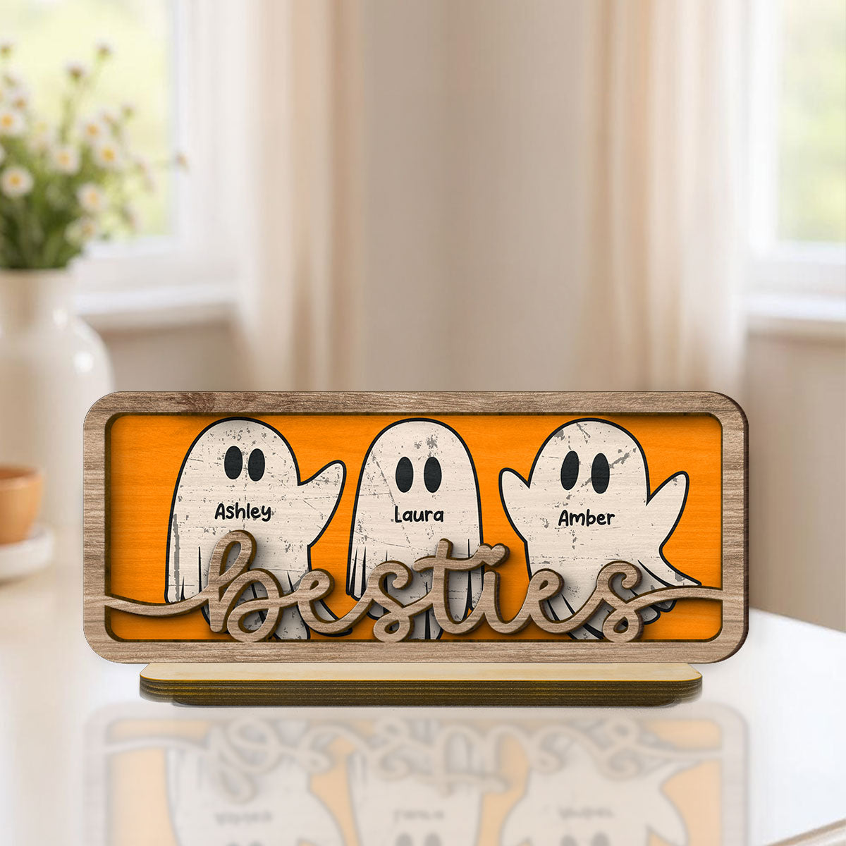 Besties Sister Best Friends Boo Crew Personalized 2-Layer Wooden Plaque, Halloween Gift