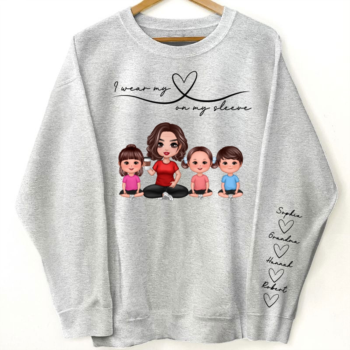 Grandma Mom Wear Her Heart On Her Sleeve, Beautiful Heart Design, Personalized Sleeve Printed Sweatshirt, Gift For Grandma