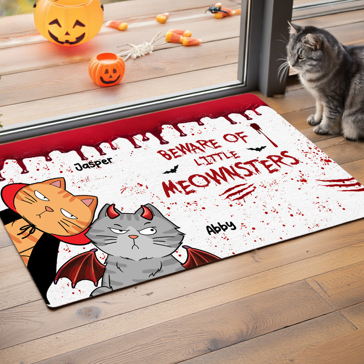 Halloween Beware Of Little Monsters Cats Personalized Doormat