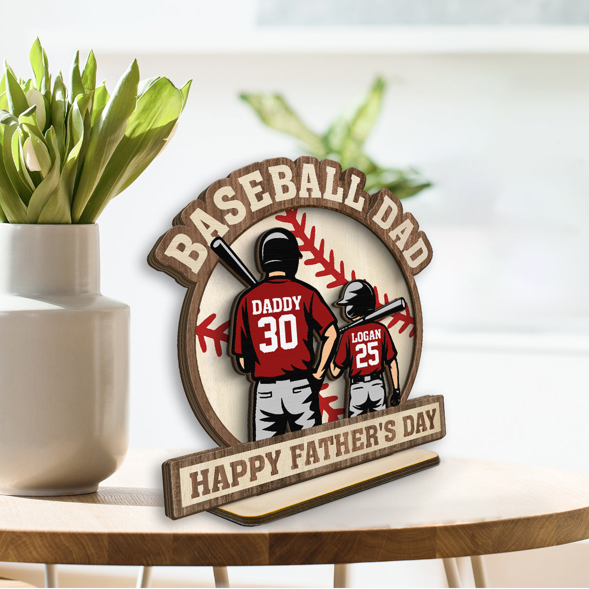 Baseball Family Back View Personalized 2-Layered Standing Wooden Plaque,  gift for Dad, for Husband