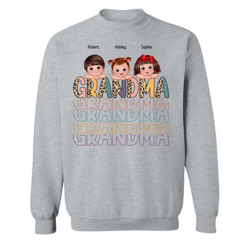 Shadow Retro Half Leopard Grandma Grandkids Laying Head On Arms Personalized Shirt