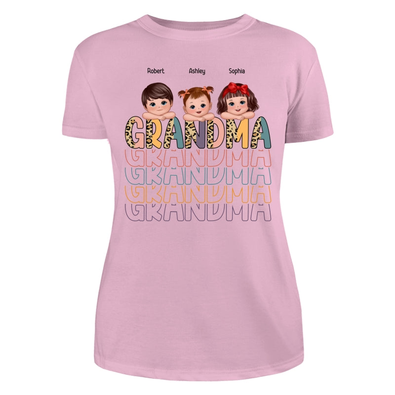 Shadow Retro Half Leopard Grandma Grandkids Laying Head On Arms Personalized Shirt