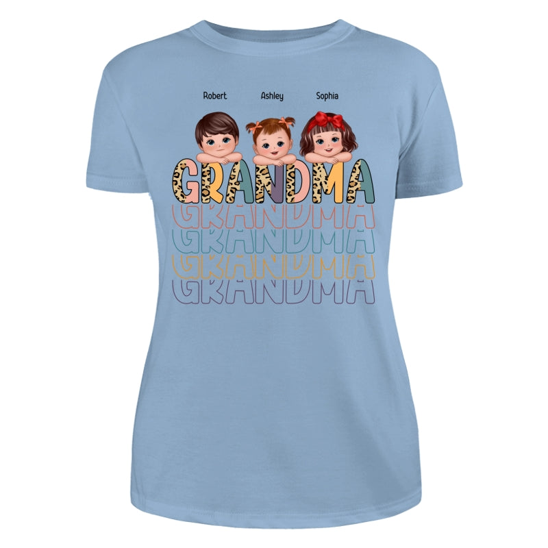 Shadow Retro Half Leopard Grandma Grandkids Laying Head On Arms Personalized Shirt