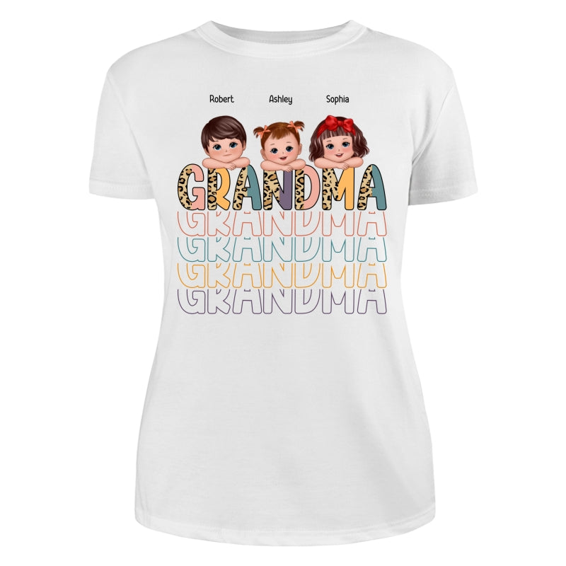 Shadow Retro Half Leopard Grandma Grandkids Laying Head On Arms Personalized Shirt