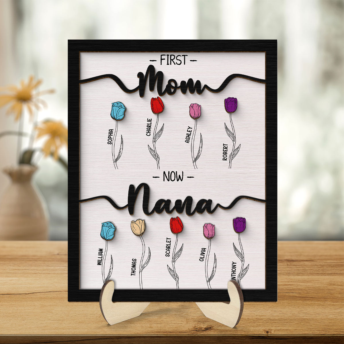 First Mom Now Grandma Tulip Flowers Gift For Grandma Personalized 2-Layer Wooden Plaque