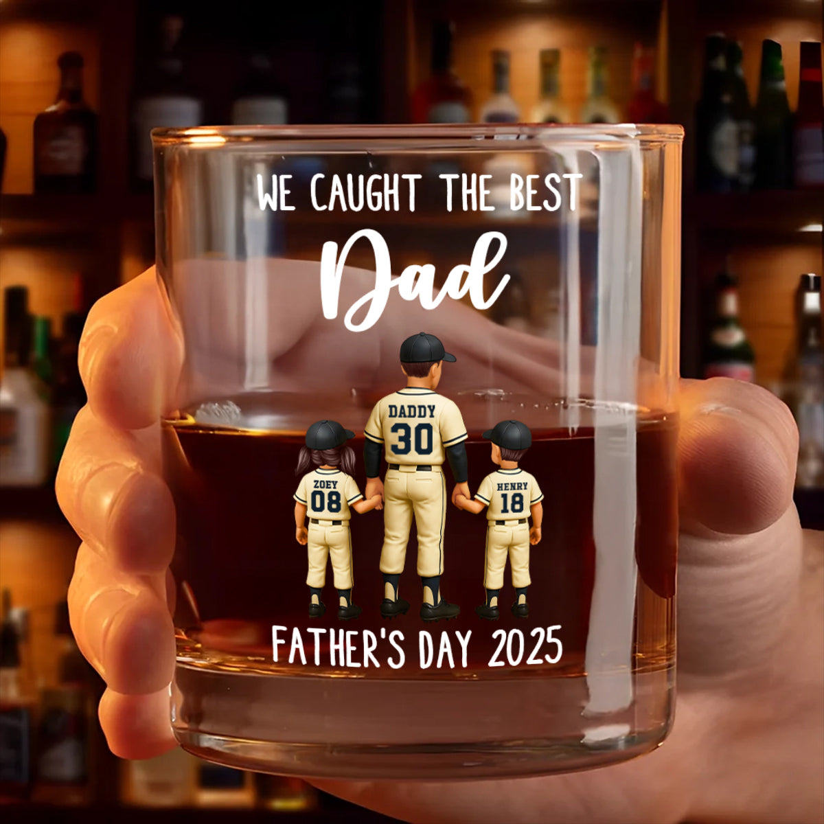 We Caught The Best Dad Baseball Personalized Whiskey Glass, Dad And Kids Holdhing Hands, Father's Day Gift for Dads